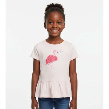 Pink S S Placement Flamingos Chiffon Work T Shirt Nawao.com