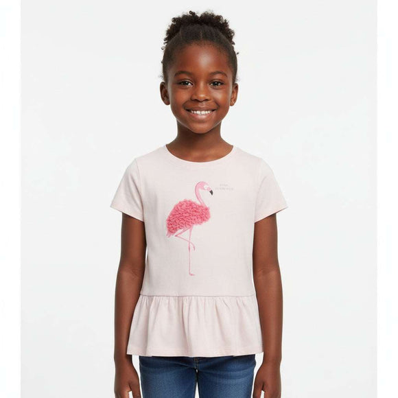 Pink S S Placement Flamingos Chiffon Work T Shirt Nawao.com