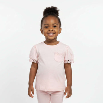 Pink Slub T Shirt With Lace Applique Detail Pale Pink Nawao.com
