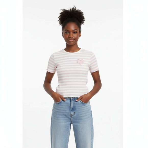 Pink White Stripes Rib Top With Heart Rhinestones Assorted Nawao.com