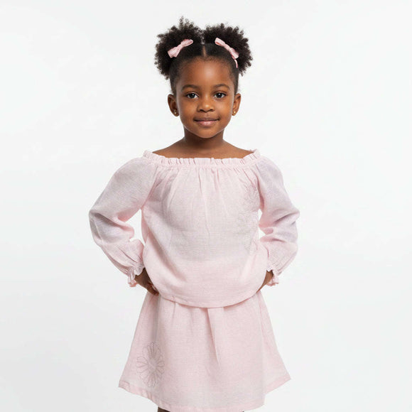 Pink Woven Blouse And Skirt With Embroidery Sets Pale Pink Nawao.com
