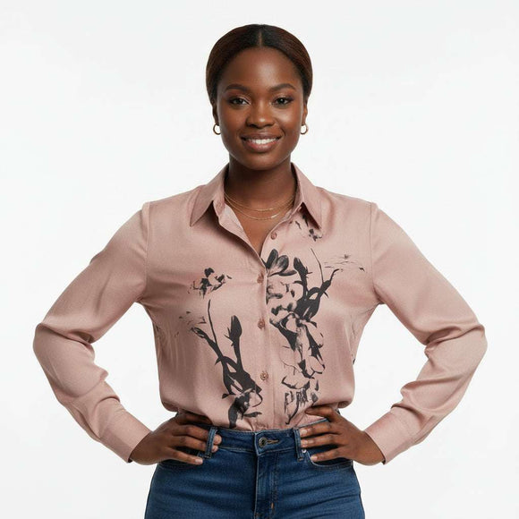 Placement Print Button Down Shirt Pale Pink Nawao.com