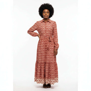 Print Collared Long Sleeve Belted Dress Assorted Nawao.com