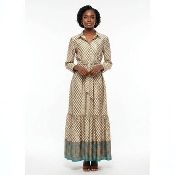 Print Collared Long Sleeve Belted Dress Assorted Nawao.com