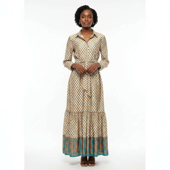 Print Collared Long Sleeve Belted Dress Assorted Nawao.com