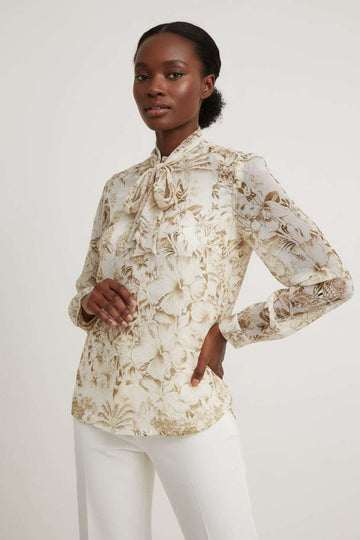 Printed Collar Button Detial High Low Blouse Assorted Nawao.com