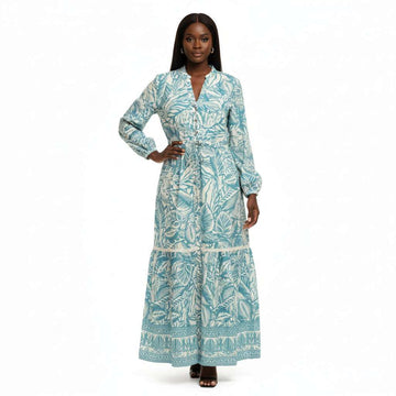 Printed Long Sleeve Maxi Dress Assorted Nawao.com