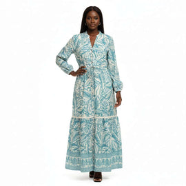 Printed Long Sleeve Maxi Dress Assorted Nawao.com