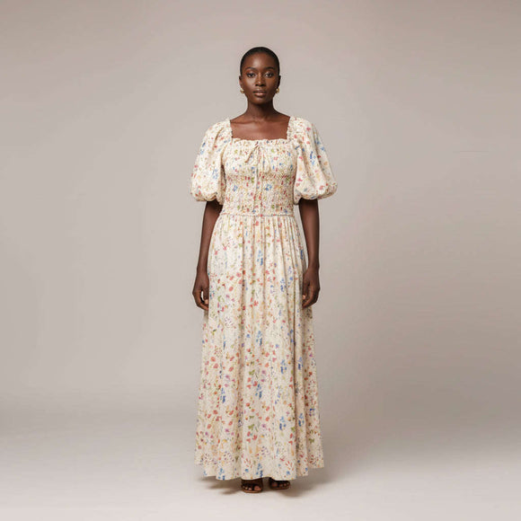 Printed Poplin Midi Dress With Smoking Yoke Detailing Assorted Nawao.com