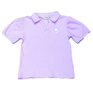 Rib Collar Puff Sleeve Top Nawao.com