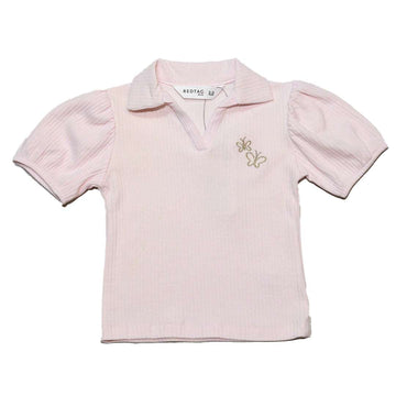 Rib Collar Puff Sleeve Top Pale Pink Nawao.com