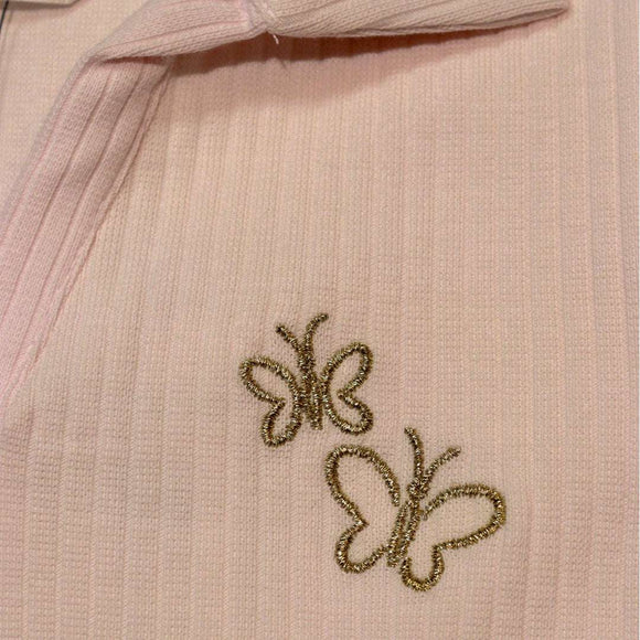 Rib Collar Puff Sleeve Top Pale Pink Nawao.com