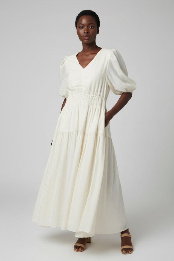 Short Sleeve Waist Detail Dress Cream