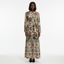 Border Print Tiered Crepe Shirt Dress Assorted