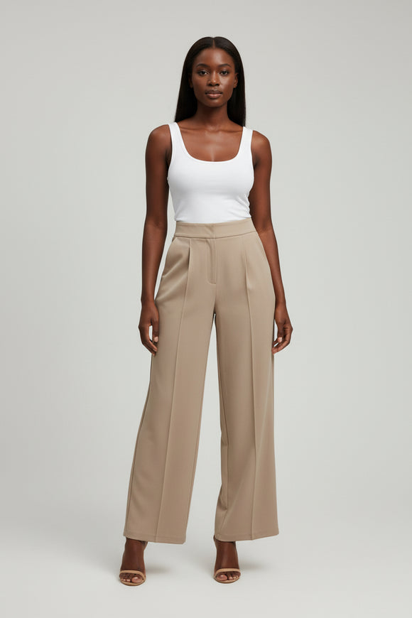 Beige Wide Leg Pin Tuck Detail Trousers