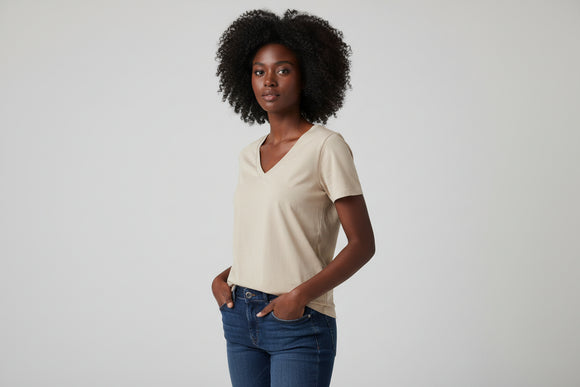 Beige Short Sleeve V Neck T Shirt