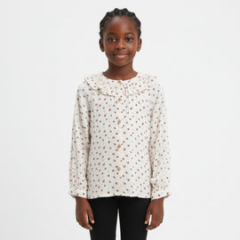 Off White Floral Blouse With Frill Neck