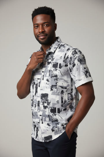Mens S/Slvs Printed Shirts With Round Neck Collar Black