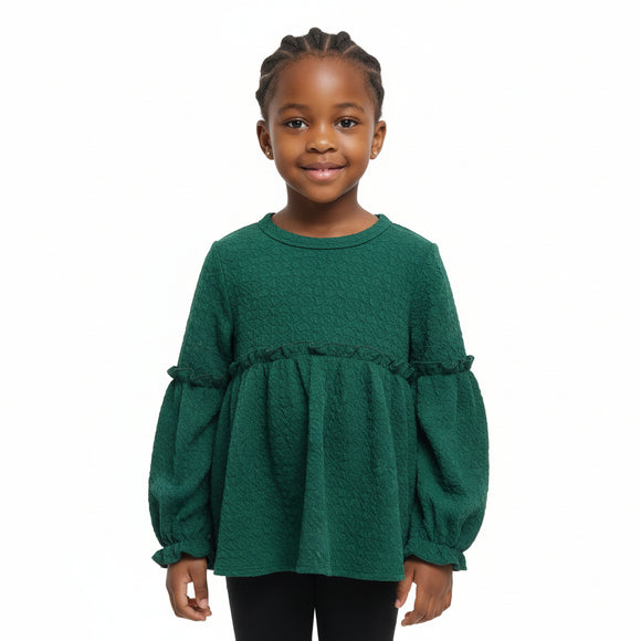 Green Crew Neck Jacquard Blouse With Frill Details