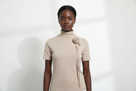 Crosaage Detailed High Neck Jersey Top Beige