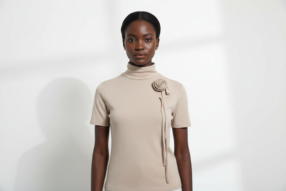 Crosaage Detailed High Neck Jersey Top Beige