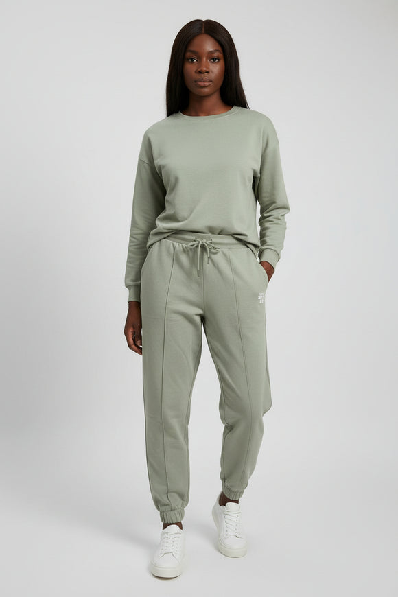 Pale Green Ribbed Hem With Pintuck Jog Pant