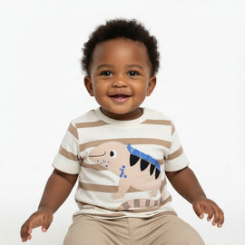 Cream Dino Appique Striped Tshirt Cream REDTAG