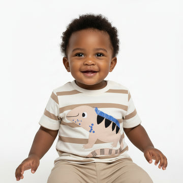Cream Dino Appique Striped Tshirt Cream REDTAG