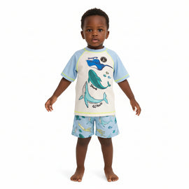 Blue Fish Print Rash Guard And Swim Shorts