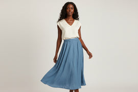 Light Wash Panel Detailed Belted Tencel Skirt