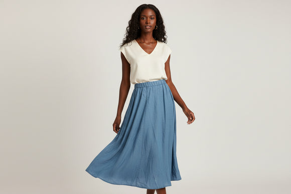 Light Wash Panel Detailed Belted Tencel Skirt