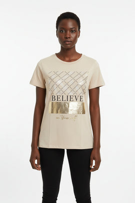 Beige Believe Foil T Shirt