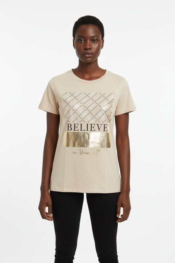 Beige Believe Foil T Shirt
