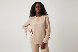 Crew Neck Cuff Deatil Crepe Blouse pink
