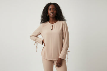 Crew Neck Cuff Deatil Crepe Blouse pink