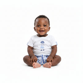Baby Blue Knit And Woven Romper Blue