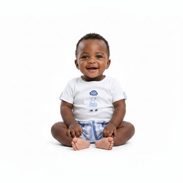 Baby Blue Knit And Woven Romper Blue