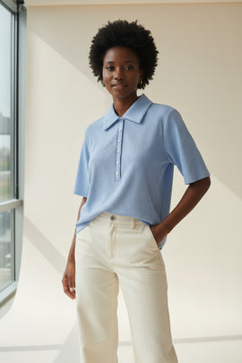 Pale Blue Rib Collared Top