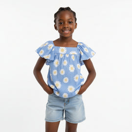 Blue Aop Jacquard Top With  Frills  Blue
