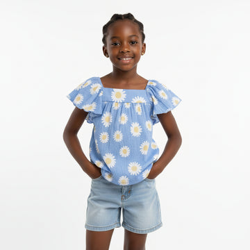 Blue Aop Jacquard Top With  Frills  Blue