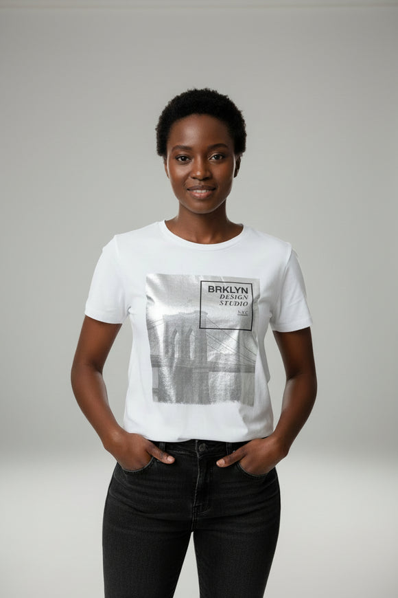 White Foil Printed T Shirt