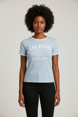 Pale Blue Contast Rib T Shirt