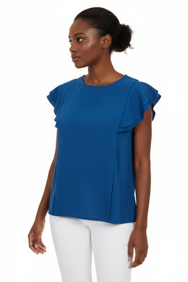 Blue Pleated Blouse With Double Roufle Sleeve Detail