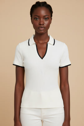 Scallop Rib Detailed Poloneck Top Ivory