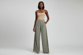 Olive Wide Leg Trousers With Satin Panel Detail Dark