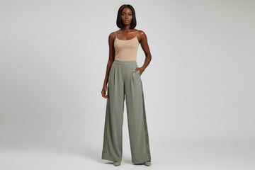 Olive Wide Leg Trousers With Satin Panel Detail Dark