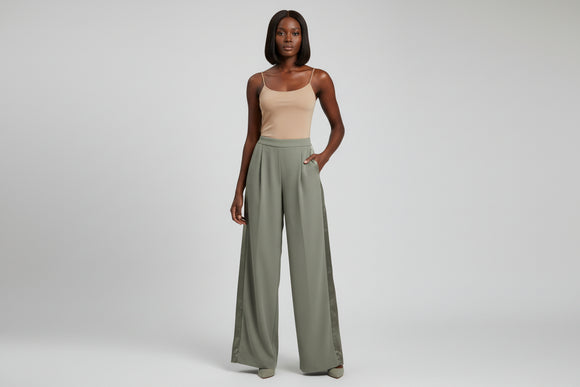 Olive Wide Leg Trousers With Satin Panel Detail Dark