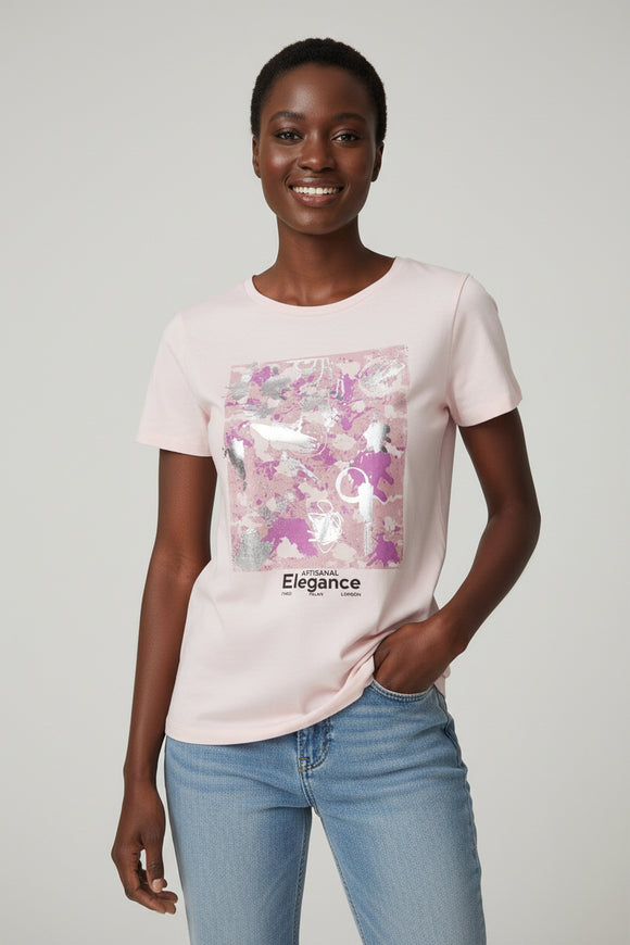 Pale Pink Foil Printed T Shirt Pale
