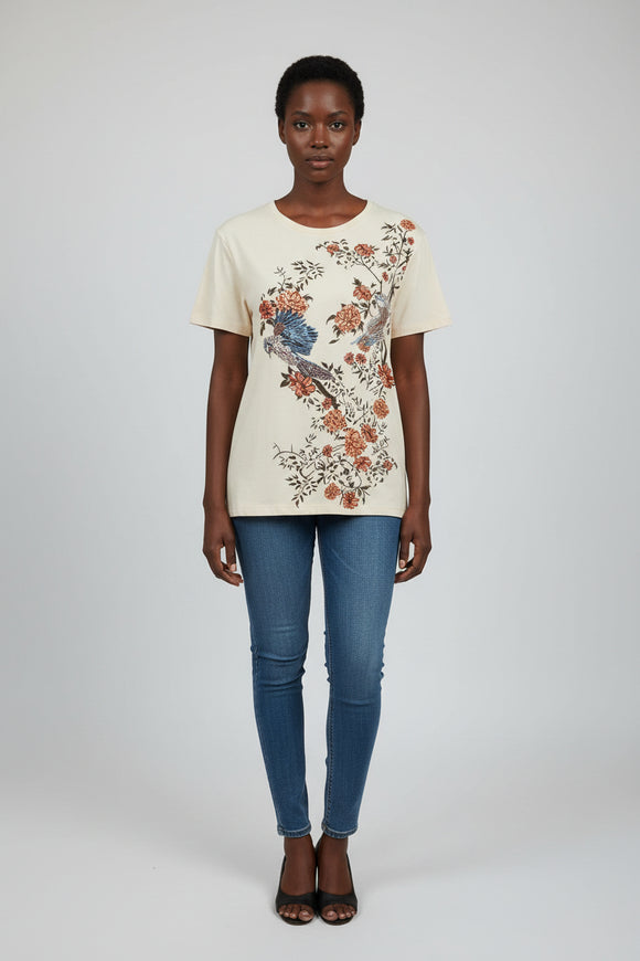 Beige Embroidered Printed Tee
