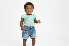 Mid Wash Denim Shorts With Embroidery Darkwash